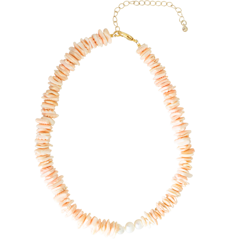 Light Coral Shell Necklace with Pearl Beads