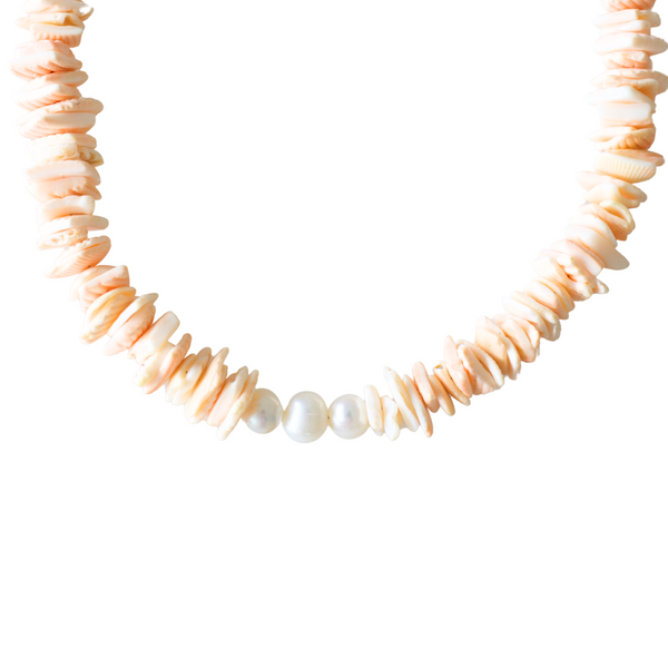 Light Coral Shell Necklace with Pearl Beads